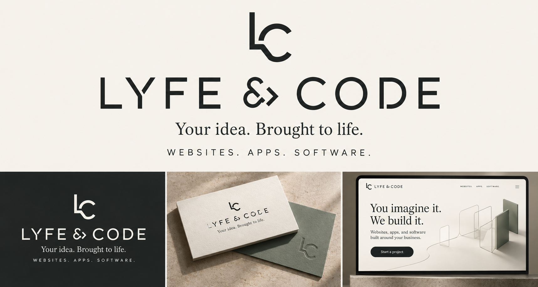 LYFE and CODE identity concept: charcoal LC monogram, ivory wordmark, sage business card and website concept