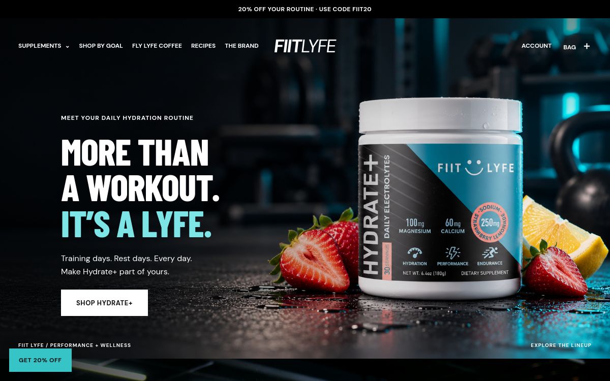 FIIT LYFE main storefront landing page featuring Hydrate Plus